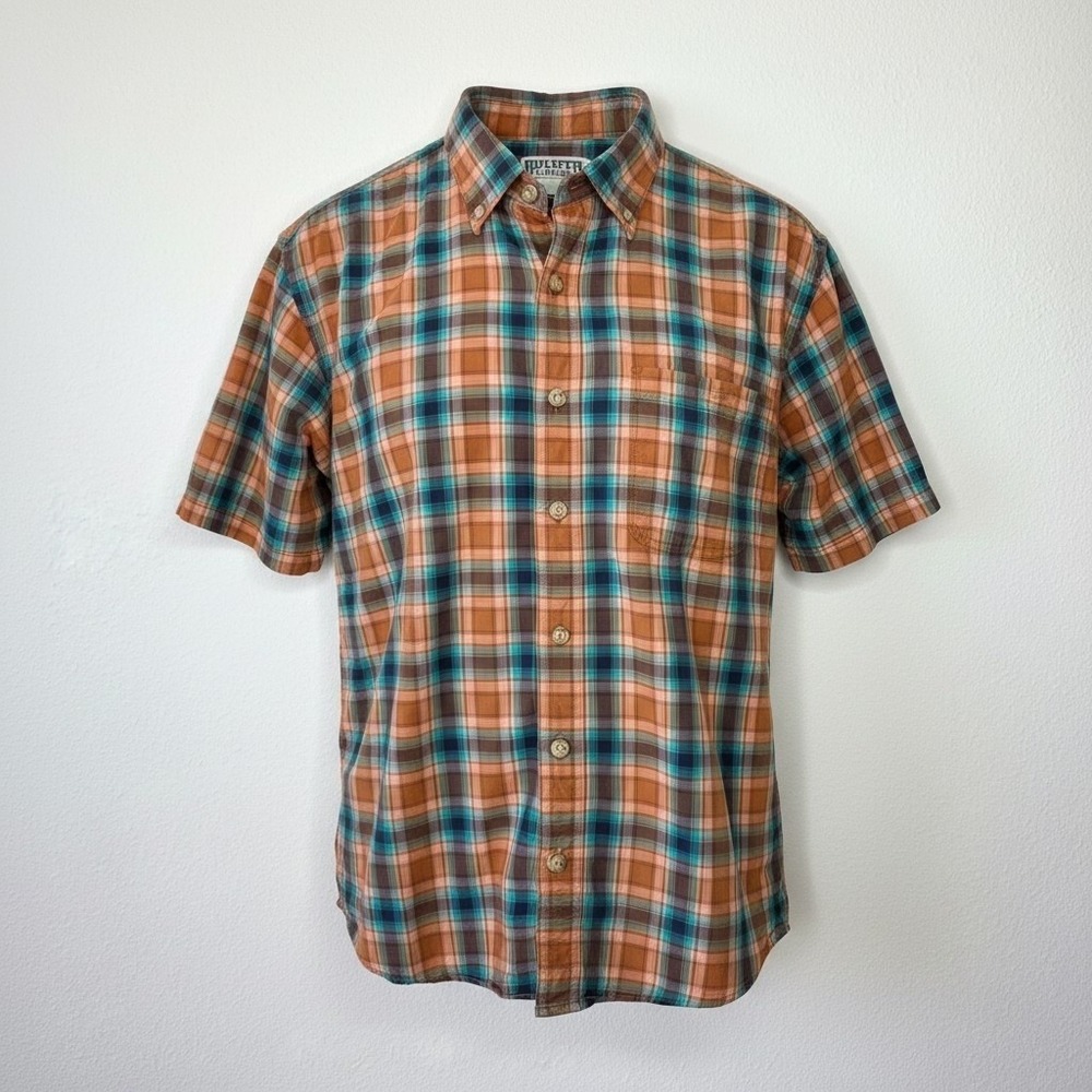 Duluth Trading Mens XL Relaxed Fit Short Sleeve Plaid Button Down Shirt Orange